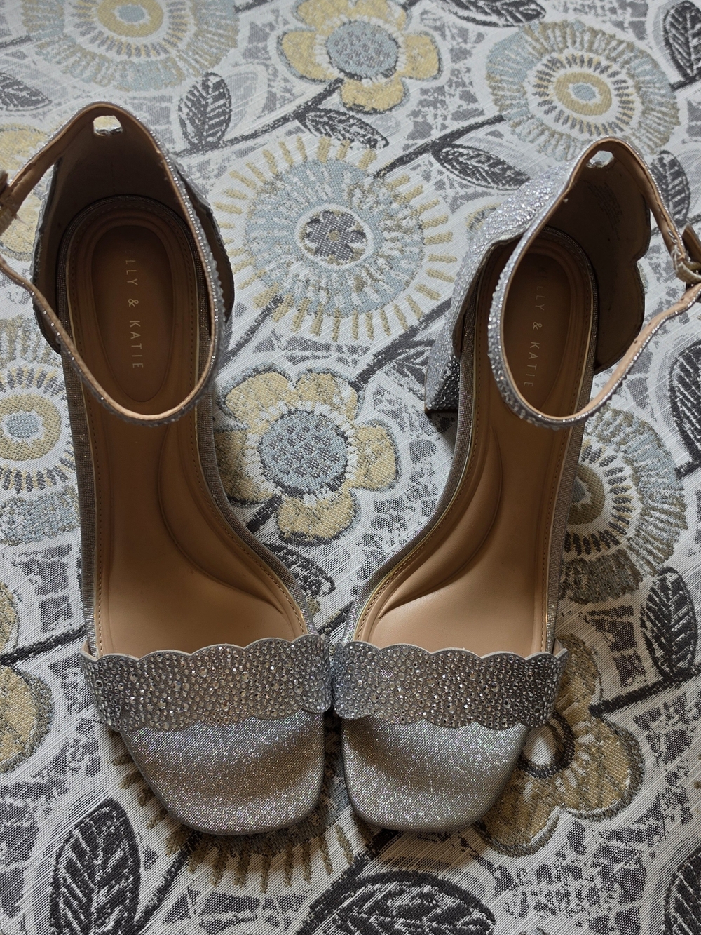 Kelly & Katie Silver Scalloped Ankle-Strap Wide Width Block Heels